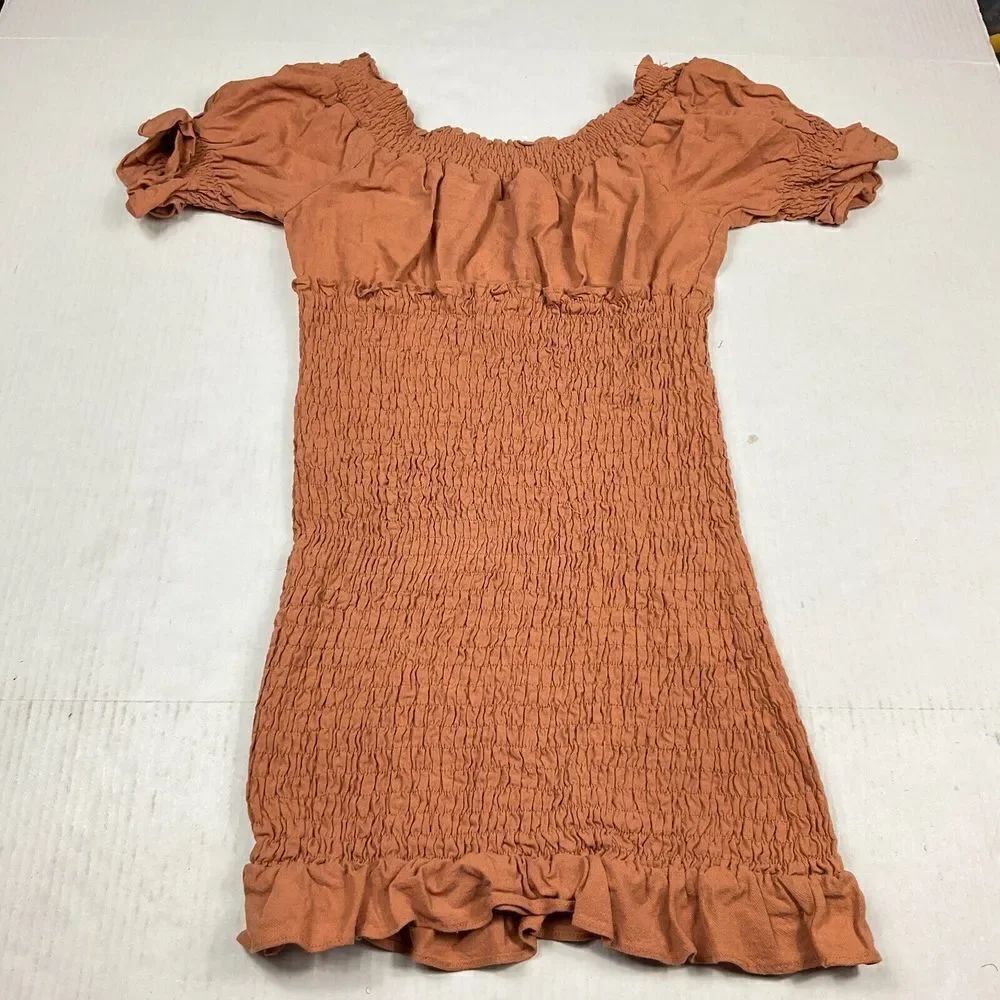 Vici Smocked Off The Shoulder Dress Brown Stretchy Sexy Short Sleeve Slim Small